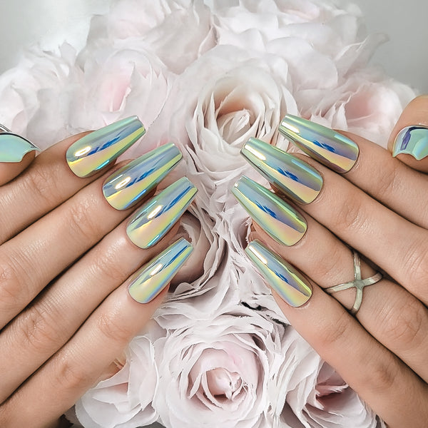 Chameleon Chrome Coffin Press-On Nails