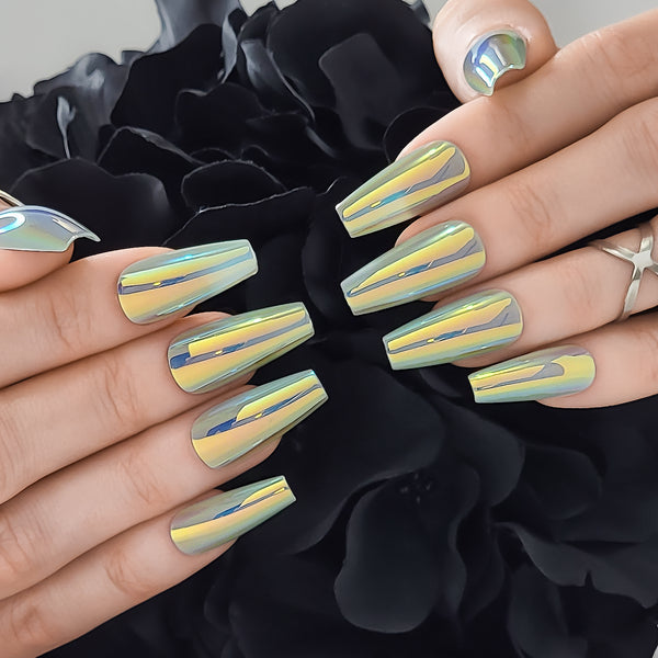 Chameleon Chrome Coffin Press-On Nails