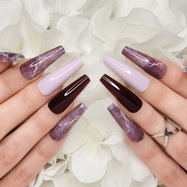 Bordeaux Marble XL Coffin Press-On Nails