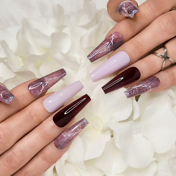 Bordeaux Marble XL Coffin Press-On Nails