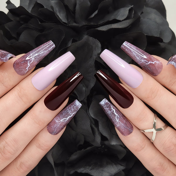 Bordeaux Marble XL Coffin Press-On Nails