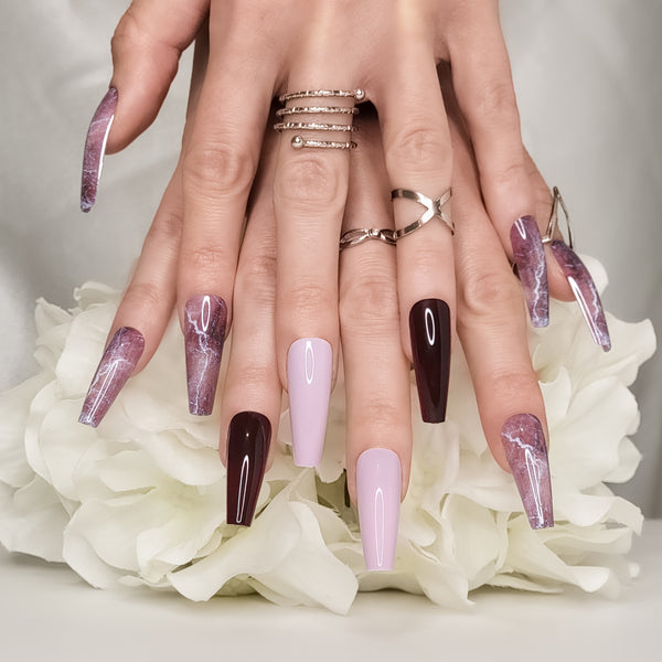 Bordeaux Marble XL Coffin Press-On Nails