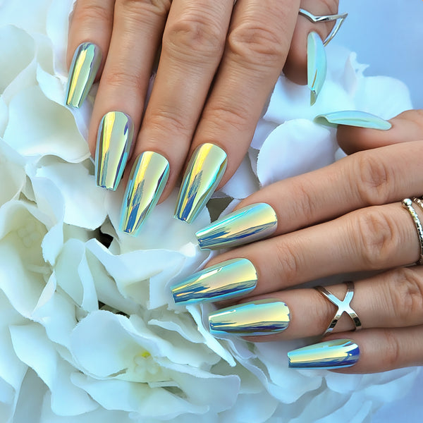 Chameleon Chrome Coffin Press-On Nails
