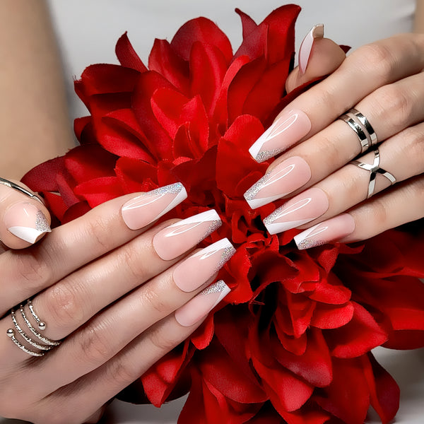 Modern Glittery French Coffin Press-On Nails
