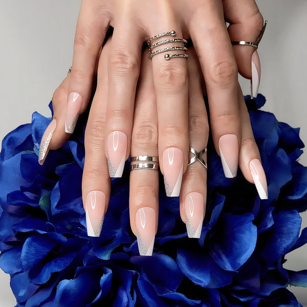 Modern Glittery French Coffin Press-On Nails
