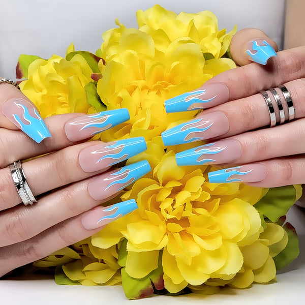 Blue Wildfire XL Coffin Press-On Nails