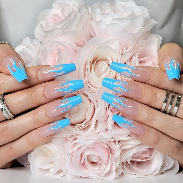 Blue Wildfire XL Coffin Press-On Nails