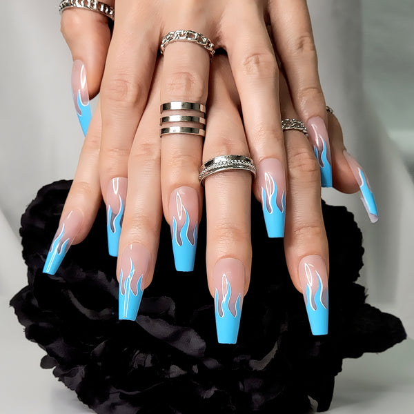 Blue Wildfire XL Coffin Press-On Nails