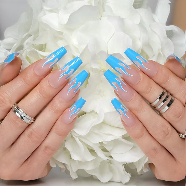 Blue Wildfire XL Coffin Press-On Nails