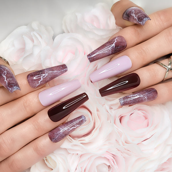 Bordeaux Marble XL Coffin Press-On Nails