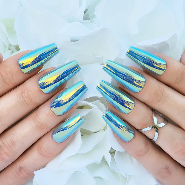 Chameleon Chrome Coffin Press-On Nails