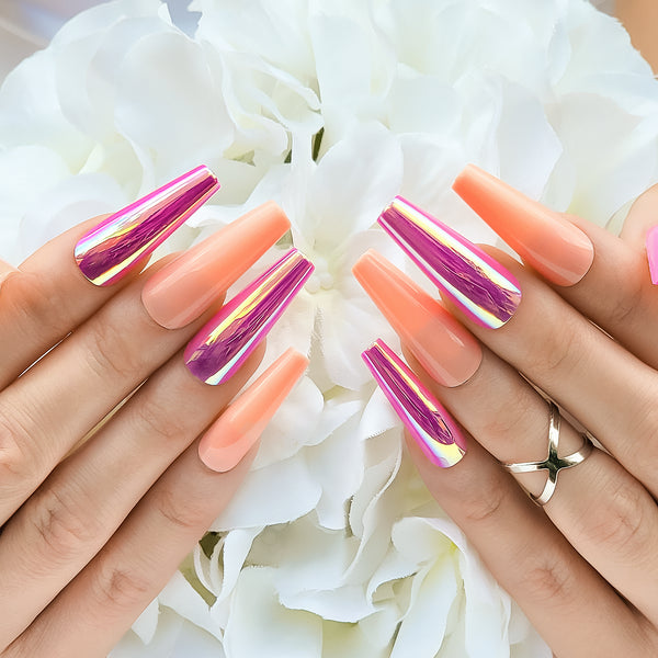 Raspberry Golden Chrome & Peach XL Coffin Press-On Nails