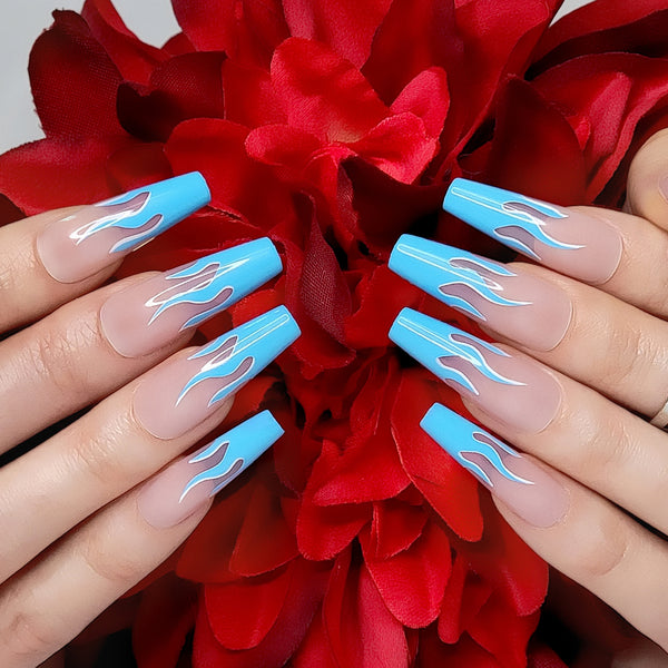 Blue Wildfire XL Coffin Press-On Nails